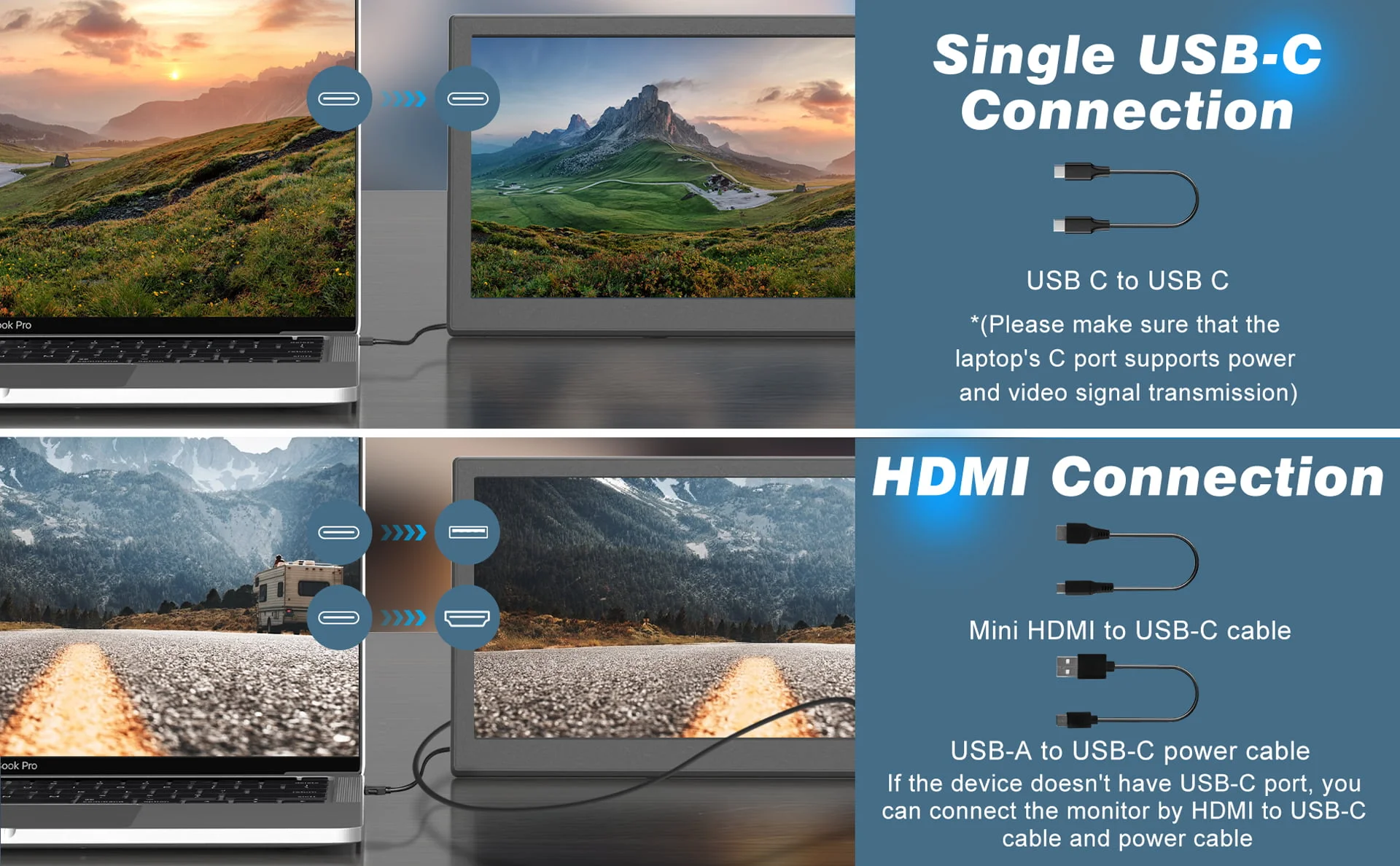 12.1 Inch Portable Monitor 3 Macsecor 12 inch portable monitor L3 connection in different ways single USB C or USB A HDMI