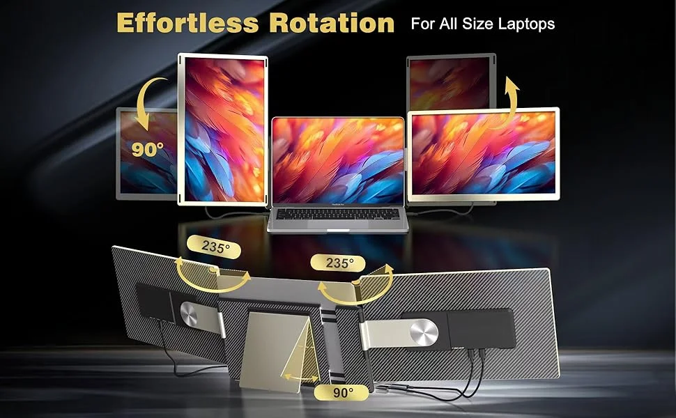 15.6" Triple Screen Extender 5 Rotation Angle of Macsecor 15.6 Inches Triple Monitor S6 90° vertically and 235° horizontally